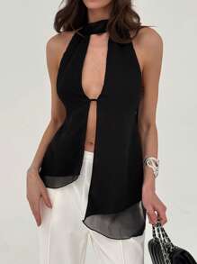 Aloruh Top con cuello halter y espalda descubierta, asimétrico y sexy para mujer