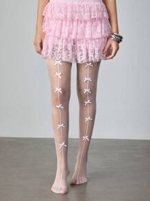 ROMWE Kawaii 1 Pair Sexy Sheer White Hollow Out Multi-Bow Fishnet Stockings, Cute & Seductive, Thin Elastic See-Through Tights