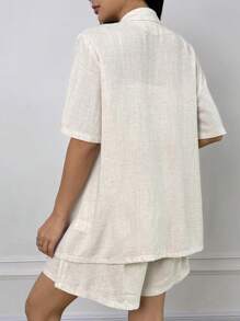 SHEIN EZwear 2 件套：浅卡其色短袖西装外套和短裤 - 卡其色 - 查看 2