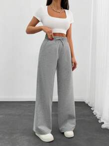 EURMUSE Women Pocket And Drawstring Detailed Wide Leg Contrast Side Stripe Pant - Grey - View 3