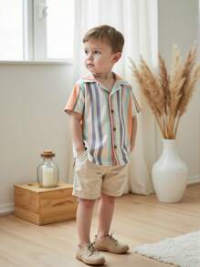 Vintaside Kids 年轻男孩休闲花卉条纹图案翻领短袖衬衫上衣，夏季 - 橘色 - 查看 1