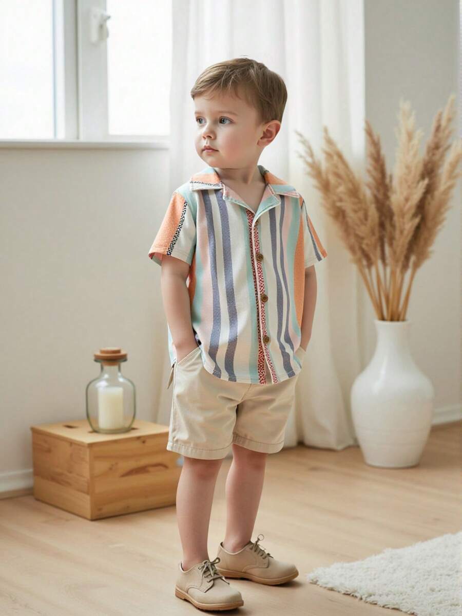 Vintaside Kids 年轻男孩休闲花卉条纹图案翻领短袖衬衫上衣，夏季 - 橘色 - 查看 1