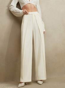 Anewsta Women Elegant Simple Ruffled Hem Design Business Casual Pants, Spring/Summer - Apricot - View 3