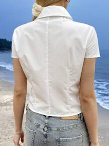 SHEIN EZwear Women's Solid Color Short Sleeve Button Front Collared Casual Top, Everyday Wear