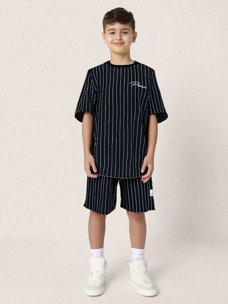 SHEIN 2 Pieces Set Of Teen Boy Striped Printed Short Sleeved T-Shirt And Shorts, With Patterns, Urban, Gothic Style Spring Clothing; Youth Boy Clothing; Teen Boy Jacket, Back To School In Spring - Black - View 1