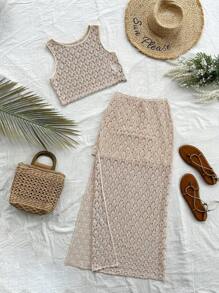 Conjunto de 2 piezas de top corto de punto y ganchillo y falda con abertura para niñas preadolescentes, ideal para vacaciones, festivales de música, estilo bohemio