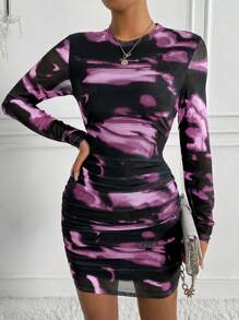 Chiquease Women's Tie-Dye Print Crew Neck Long Sleeve Ruched Fitted Fashion Dress