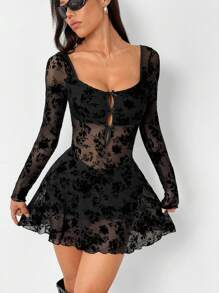 EgrlEra Petite Đầm lưới hở nơ trang trí tay dài cho nữ - màu đen - Xem 5