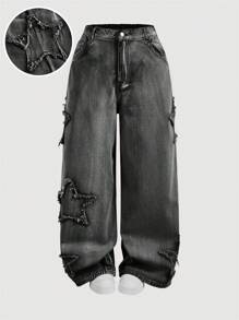 SHEIN MOD Plus Size Women Frayed Edge Star Pockets Wide Leg Loose Casual Jeans