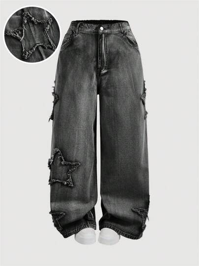 SHEIN MOD Plus Size Dam Frayed Edge Star Fickor Breda Ben Lösa Casual Jeans