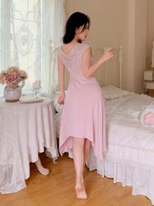 Women V-Neck Lace Trim Asymmetrical Hem Nightgown