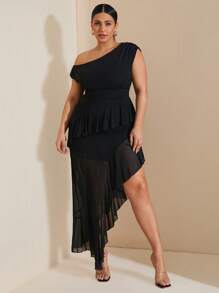 SHEIN BAE Plus Size Long  Dress, Romantic Sweet Ruffle Autumn Dress For Dating, Travel, Autumn Inner Wear, Bow, Summer Dresses For Ladies, Holiday Party Outfit For Women, Elegant, Birthday Outfits, Mesh, Sexy Dresses, Birthday Dress Plus Size, Tops, Fitted, Plain T-Shirt, Women Basic Top, Western Women Dresses, Summer Shirts, Summer Tops, Tight Shirts, Easter, Spring Clothes Valentine's Day - Black - View 4