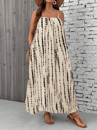 SHEIN VCAY Plus Size Tree Patterned Sleeveless Summer Casual Slip Dress
