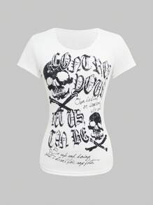 INAWLY Women's Summer Punk Rock Slim Fit Skull Print Short Sleeve T-Shirt