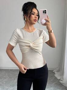 Chiquease Women Casual Solid Color Textured Twist Short Sleeve T-Shirt - Apricot - View 5