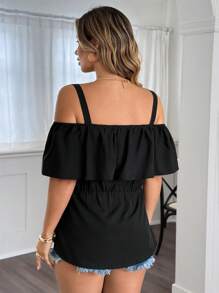 Flirla 夏季大码休闲无袖露肩前扣衬衫 - 黑色 - 查看 2