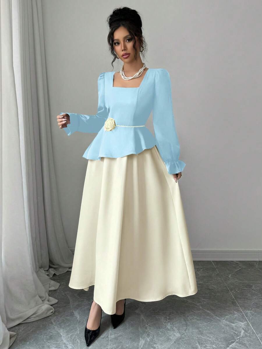 SHEIN Unity 优雅撞色拼布 3D 花卉装饰长袖连衣裙 - 藍色 - 查看 1
