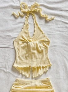 Soleia Cream Casual Vacation Western Beach Wedding Guest Attire Graduation Brunch Women's Clothing St. Patrick's Day Spring Break Easter Music Festival Elegant Bohemian Tropical Chic New Knit Texture Resort Metal Decor Spaghetti Strap Crop Top & Low Waist Mini Skirt 2-Piece Set - Blue - View 3