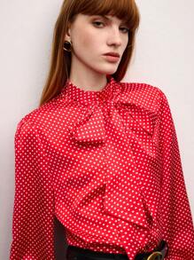 BizChic 2025 Summer New Red Polka Dot Stand Collar Oversized Bow Lady's Top, Summer For Business Casual, Daily Commute, Elegant, Holiday, Wedding Guest, Country Music Festival, Brunch, Airport Lounge, 257S Old Money Stockholm Style, 4th Of July