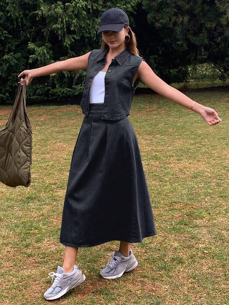 Women Solid Color Fitted Sleeveless Jacket & Mini Skirt Denim 2 Pieces Set,Fall Clothes
