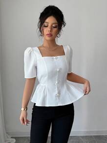 Chiquease Women Bowknot Embellished Square Collar Puff Sleeve Ruffle Hem Elegant Blouse - White - View 7