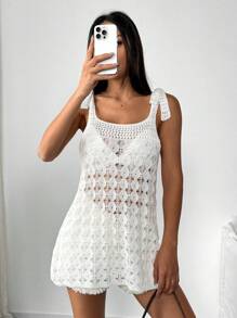 Chiquease Women's Summer Hollow-Out Sheer Adjustable Strap Tie Up Knit Casual Oversized Camisole Sweater