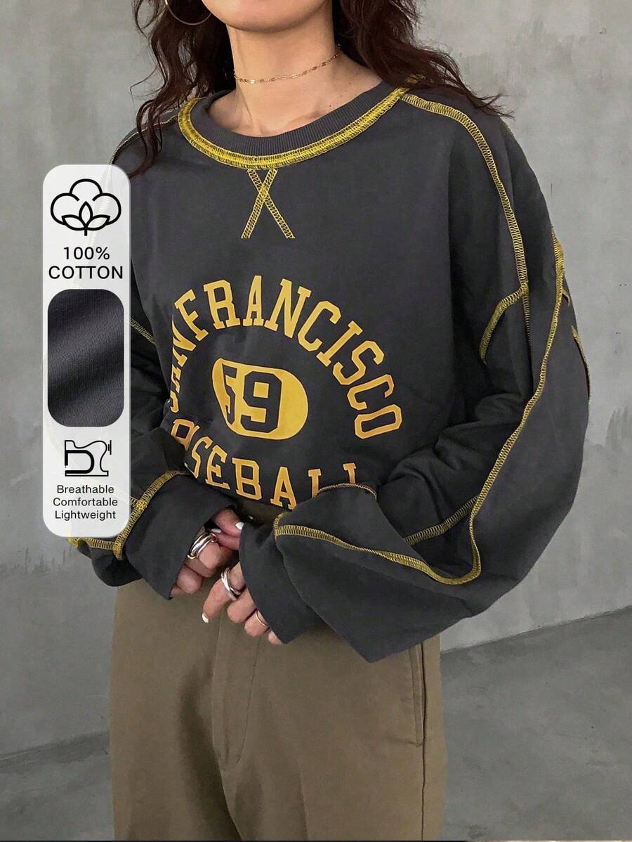 FRIFUL 1件女士宽松撞色字母印花长袖T恤 - 灰色 - 查看 1