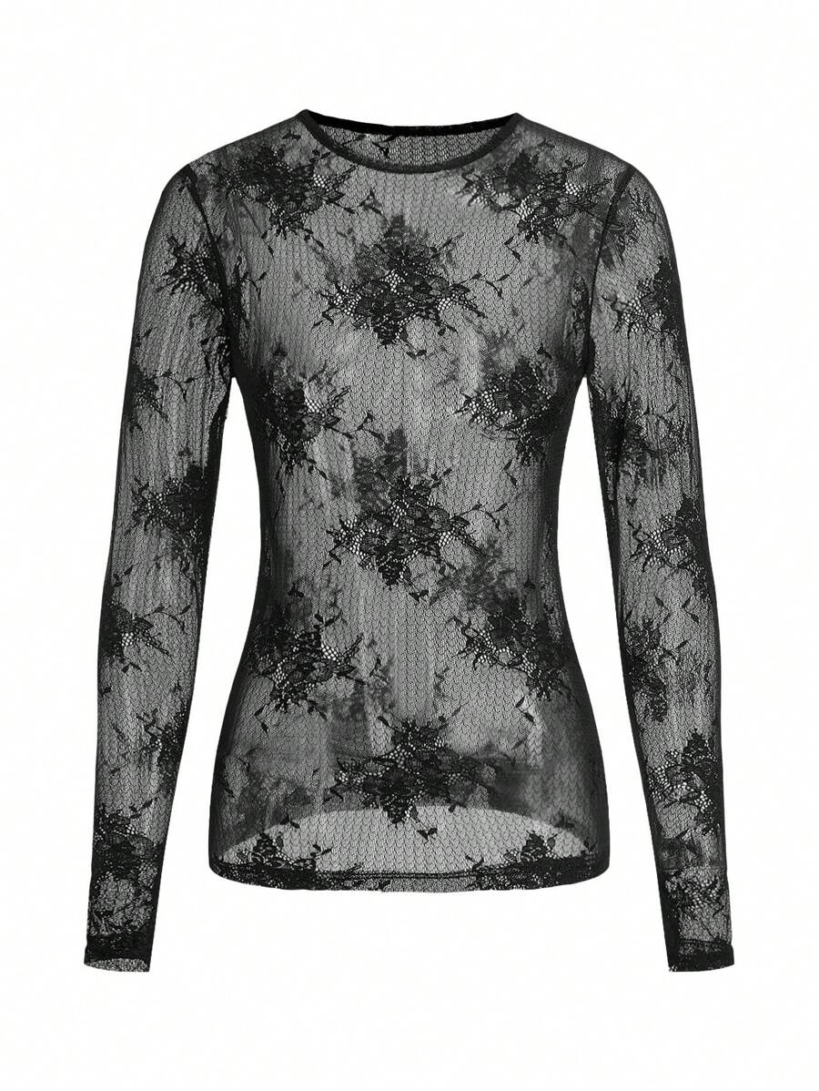 MISSGUIDED Music Festival Sheer Lace Long Sleeve Top - Black - View 1