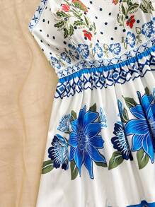 Soleia 女士长款花卉印花度假连衣裙，复古蓝白浪漫休闲度假连衣裙，适合春季