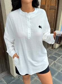 INAWLY Plus Size Casual Veelzijdig Effen Kleur Lange Mouw Shirt