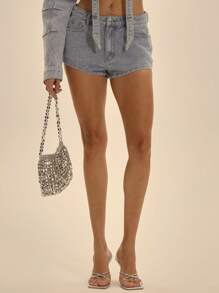 MUSERA High Rise Textured Denim Mini Shorts Bottom Only Spring Summer Sexy Vacation Club Y2k Cute Tale Of A Muse Ibiza Western Concert Going Out Night Out Chic - Blue - View 2