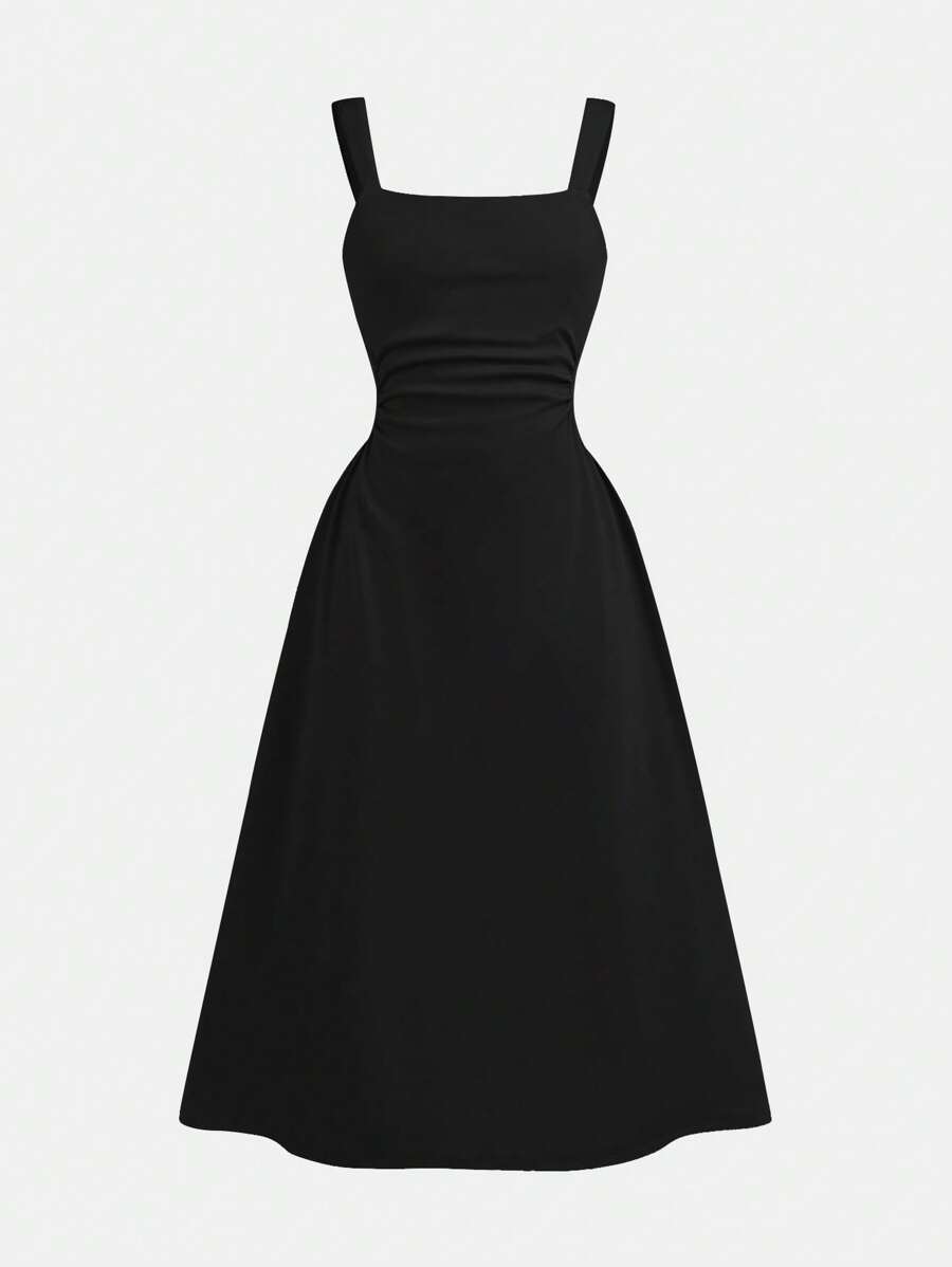 SHEIN Tween Girls' Solid Color Square Neck Ruched Casual Elegant Wide-Strap Midi Knit Dress - Black - View 1