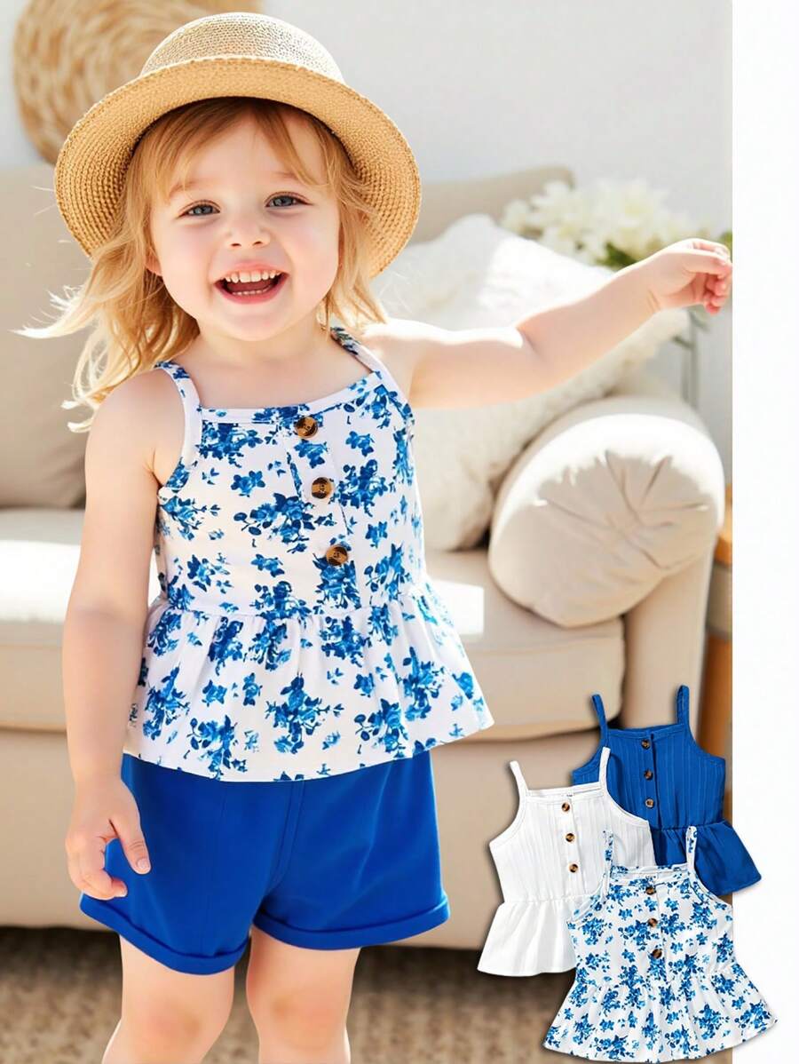 SHEIN 3 Stücke/Set Mädchen Lässig Sommerkleidung Top mit Trägern mit Distelblumen Muster, Sommer - Verschiedenfarbig - Übersicht 1