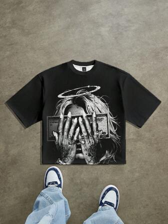 Manfinity Roghcode Street Style Vintage Angel Covering Face Full Print Loose Fit Short Tee Men's Cropped Tops