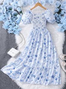 Sparklyn Teens & Girls Flower Allover Print Ruffle Hem Short Sleeve Dress - Baby Blue - View 2