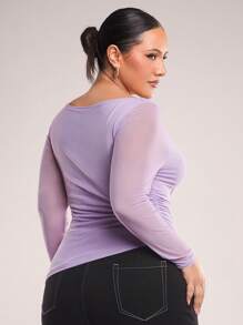 SHEIN BAE Women Plus Size Elegant Sexy Fashion Lavender Color Off Shoulder Hollow Ruched Fitted T-Shirt For Summer Outing