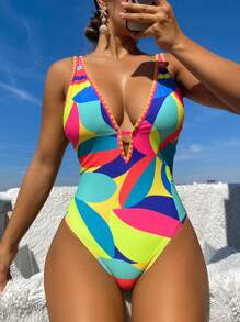 BamGleam Casual Minimalist Multicolor Print One-Piece Swimsuit, For Summer Beach Vacation