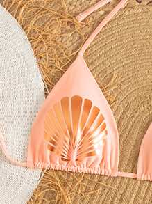 SHEIN Swim 女士海滩挂脖系带贝壳印花比基尼上衣，夏季度假 - 粉色 - 查看 4