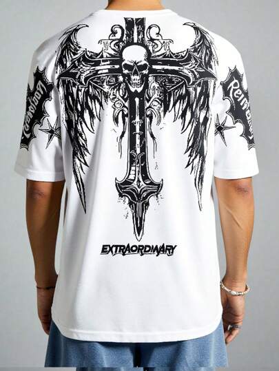 Men's Gothic Casual Round Neck Short Sleeve Letter Print Graphic T-Shirt, Halloween