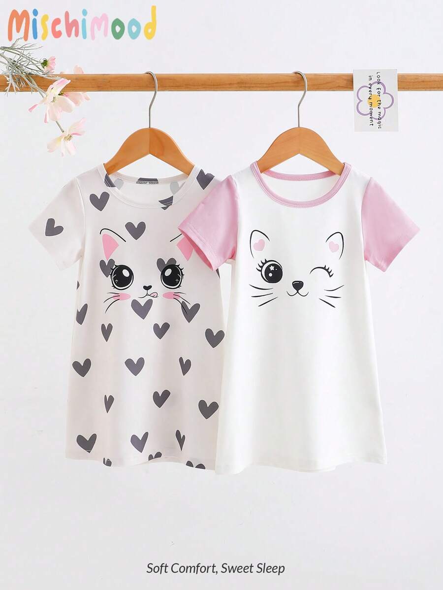2pcs/Set Baby Girls Cute Cat Graphic Print Short Sleeve Long Nightgown Sleepwear Sets, Pink & Apricot Color Children Clothes Clothes For Girls Summer Pajamas Baby Girl Pajamas T Shirts For Baby Girl Holiday Travel Releax Summer Clothes - Multicolor - View 1