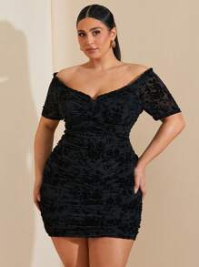 SHEIN BAE 大码女式黑色植绒网眼褶饰迷你连衣裙，性感紧身针织连衣裙，法式鸡尾酒会礼服，优雅简约的正式礼服，适合生日、伴娘、婚礼、派对 - 黑色 - 查看 6