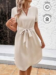 SHEIN Clasi Women's Summer Elegant Casual Imitation Linen Notched V-Neck Short Sleeved A-Line Dress, Suitable For Various Occasions, Elegant Travel, Daily Commuting Can Be Done,Tea Party Dress