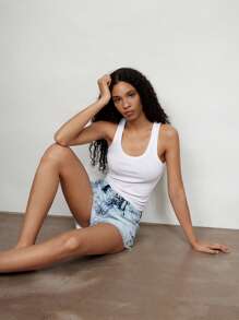 Maija Women's Washed Blue Denim Frayed Hem Shorts - Light Wash - View 4