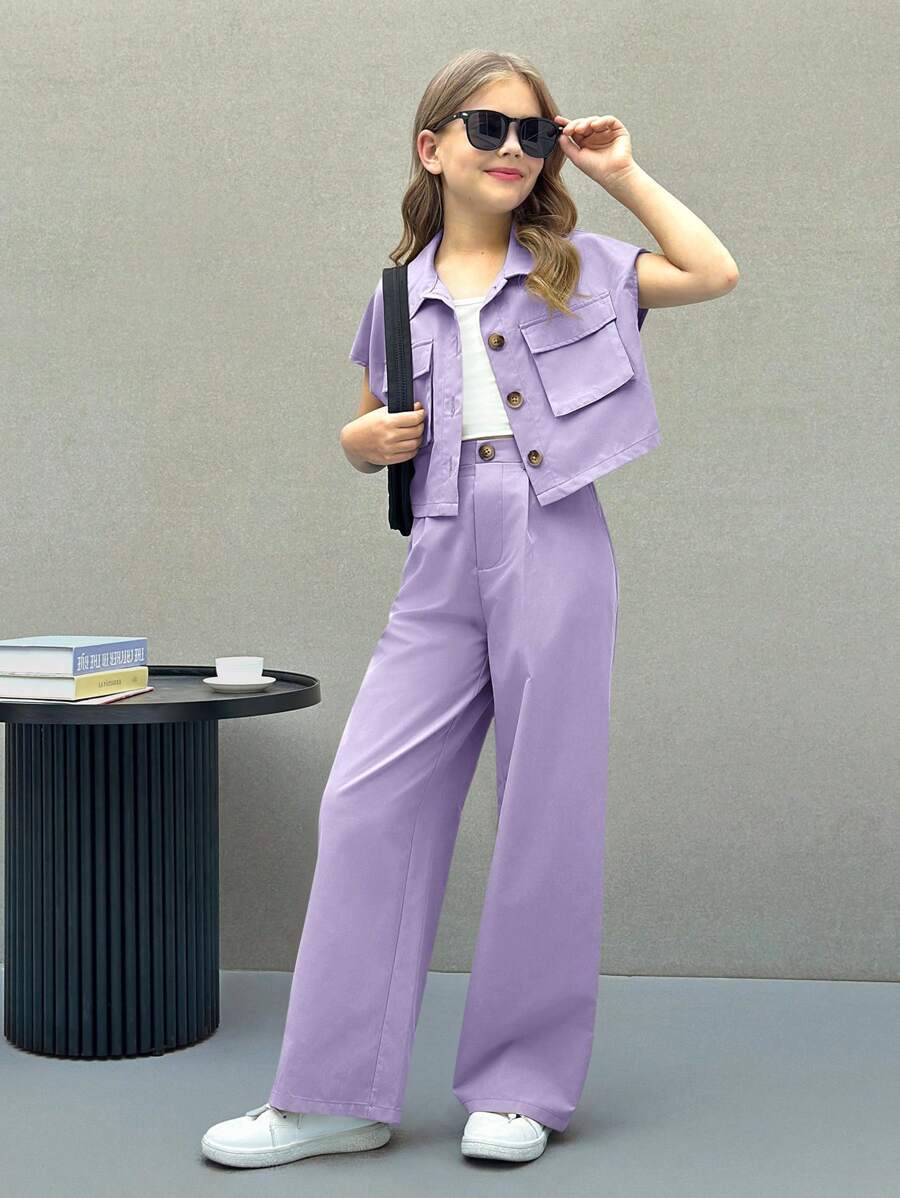 SHEIN Nova Glow Tween Girls Casual Street Chic Woven Solid Color Short Sleeve Top And Straight Pants 2 Pieces Set - Mauve Purple - View 1