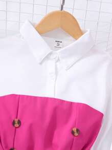 Teenage Girls 2pcs Set: Collared Patchwork Top With Belt And Solid Color Pants