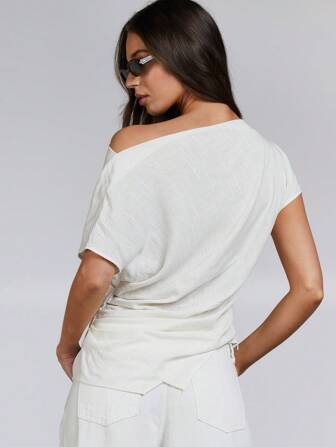 Athîral 女士休闲纯色不对称领垂褶上衣