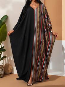 SHEIN Lady 大码 V 领长袖纯色拼接宽松休闲连衣裙长袍万圣节服装万圣节服装度假服装女士 - 黑色 - 查看 3