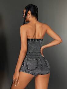 SHEIN ICON Bộ đồ liền thân denim dây rút gợi cảm giản dị dành cho nữ - Xám - Xem 2