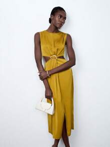 Lumivelle Đầm không tay thắt lưng khoét rỗng thời trang nữ - Màu Mù tạt vàng - Xem 3