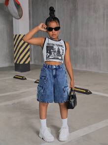 SHEIN SLAYR KIDS 青少年女孩 Y2K 时尚石洗高腰翻盖口袋宽松牛仔工装短裤，青少年女孩返校秋季服装 - 中等水洗藍 - 查看 3